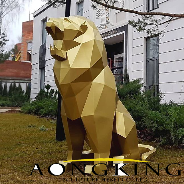 stainless steel geometric lion statue sculpture