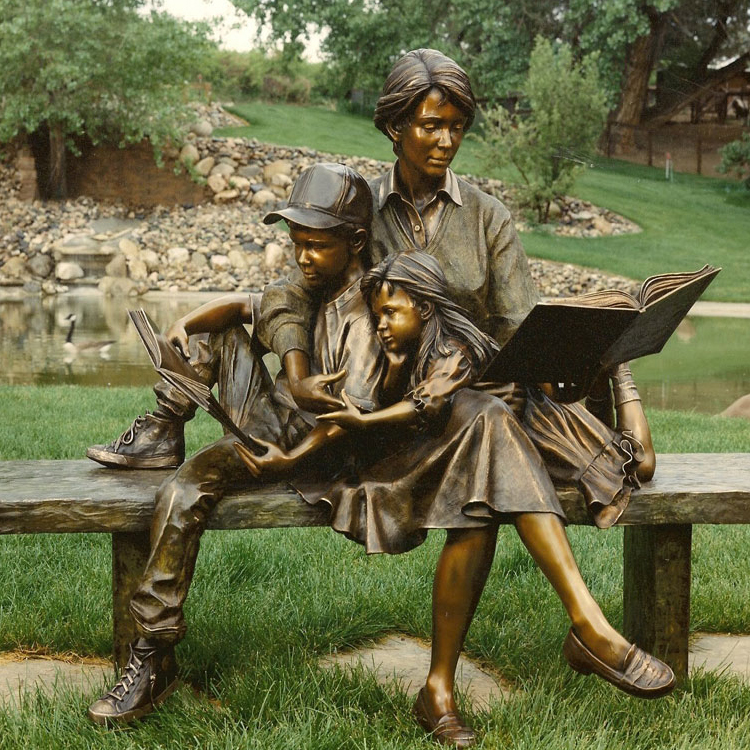 bronze-mother-and-children-reading-sculpture-for