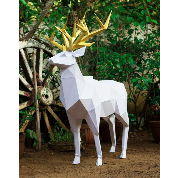 sculpture stainless steel deer has gooden horn