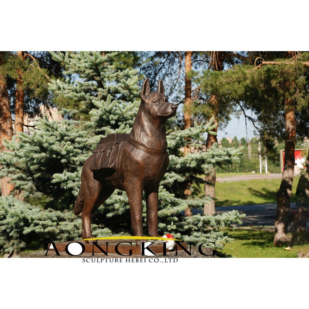 Dog with bag bronze statue for the garden