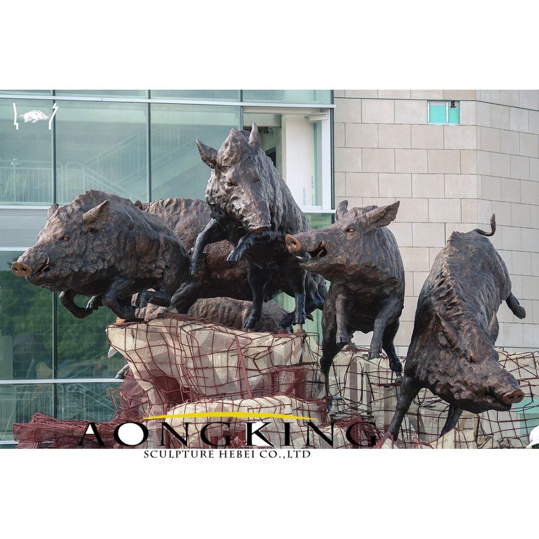 Garden herd of wild boars bronze statue