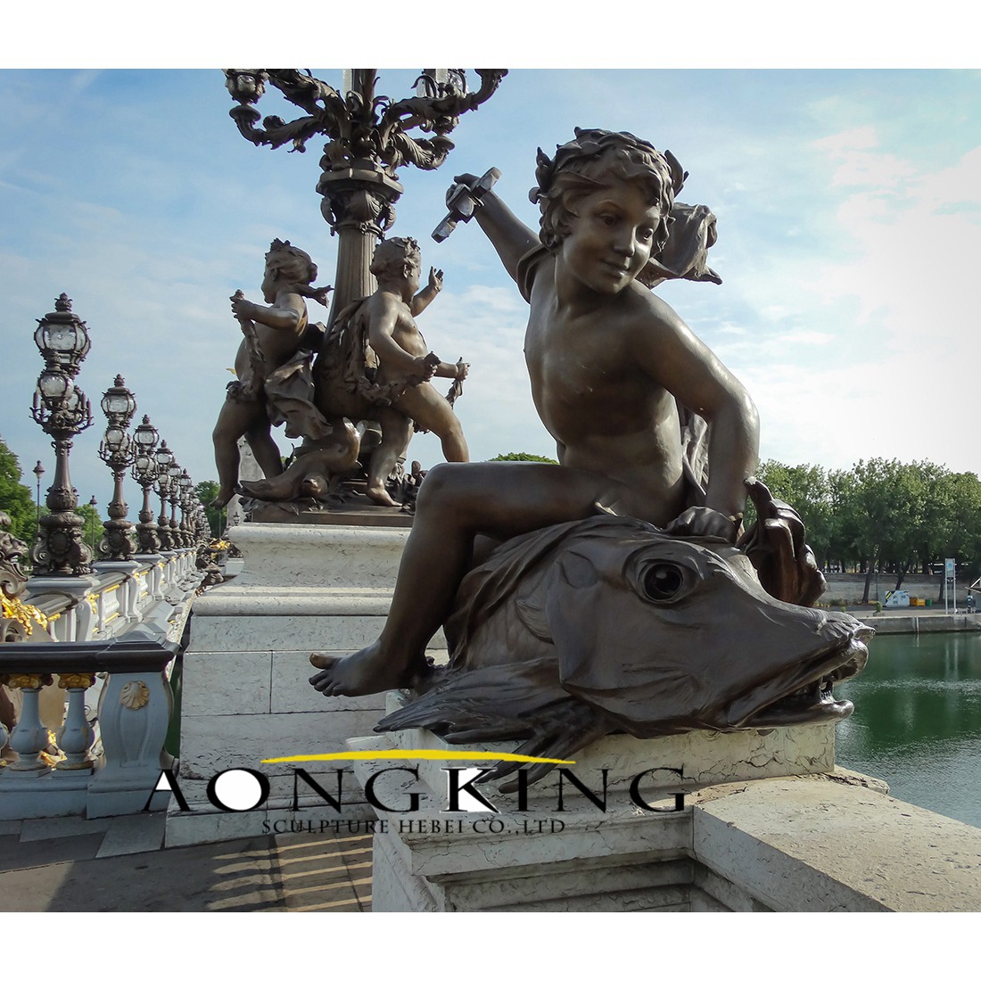 Riding big fish kid bronze statue