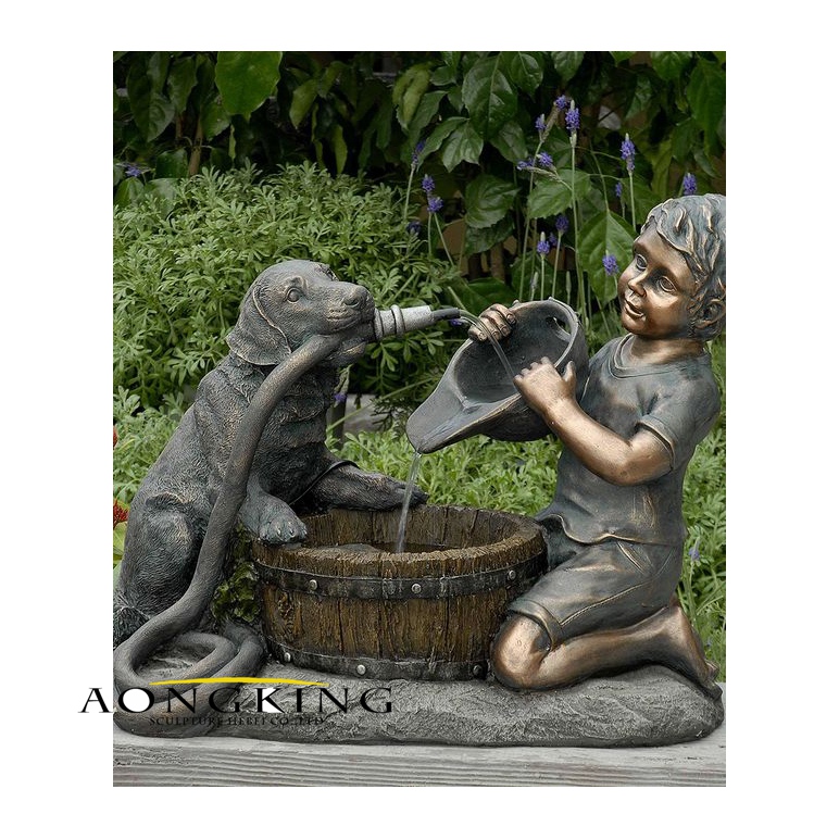 Bronze fountain of boy and dog
