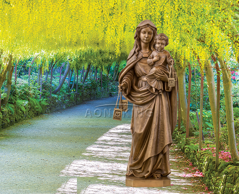 bronze catholicism virgin mary carrying jesus garden statue