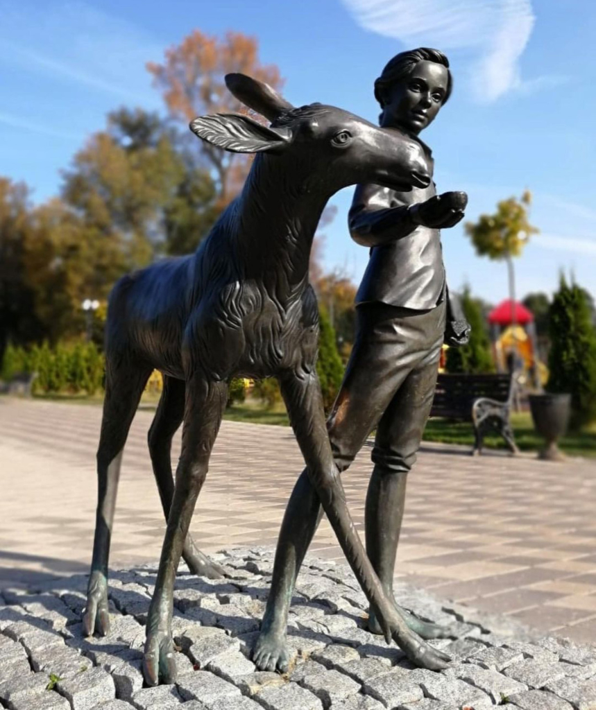 Lovely Park Ornament Deer and Boy Black Bronze Statue