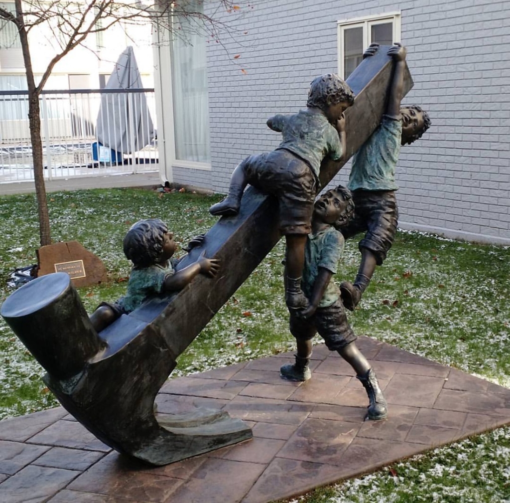 Large Bronze Children Outdoor Sculpture Playing on A Hammer