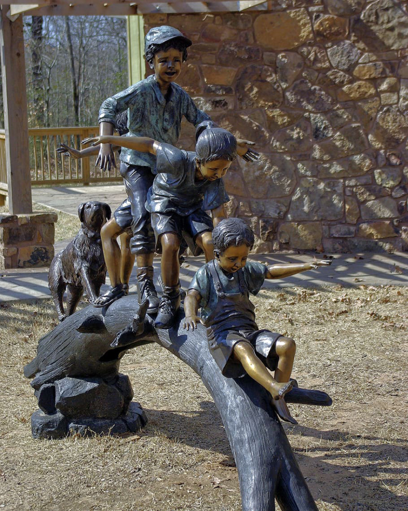 Large Bronze Outdoor Children Playing on the Stump