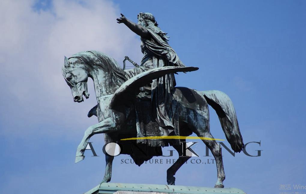 bronze statue of Greek goddess Muse riding winged horse Pegasus