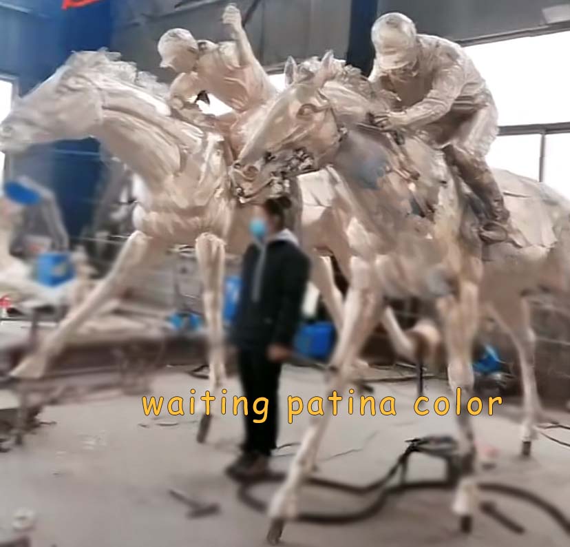 waiting patina color, brass racing horse sculptures