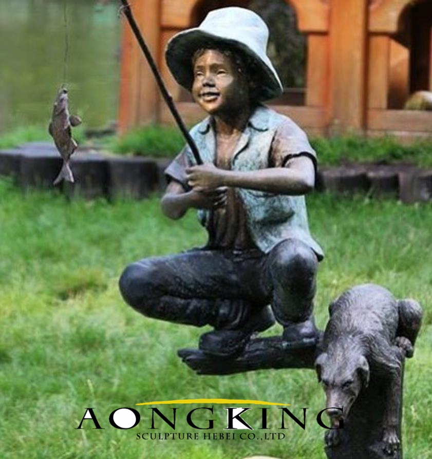 bronze sculpture boy fishing statue