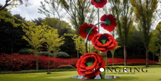 stainless steel red flowers statue
