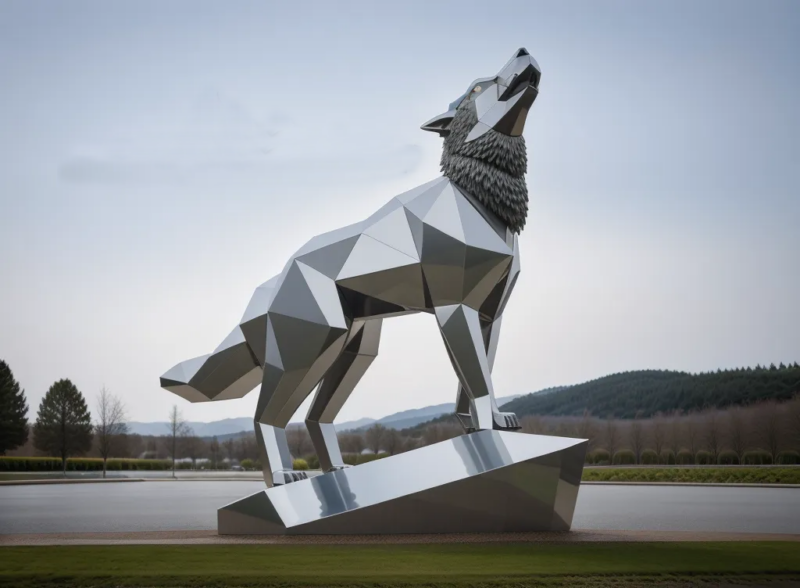 metal wolf howling sculpture